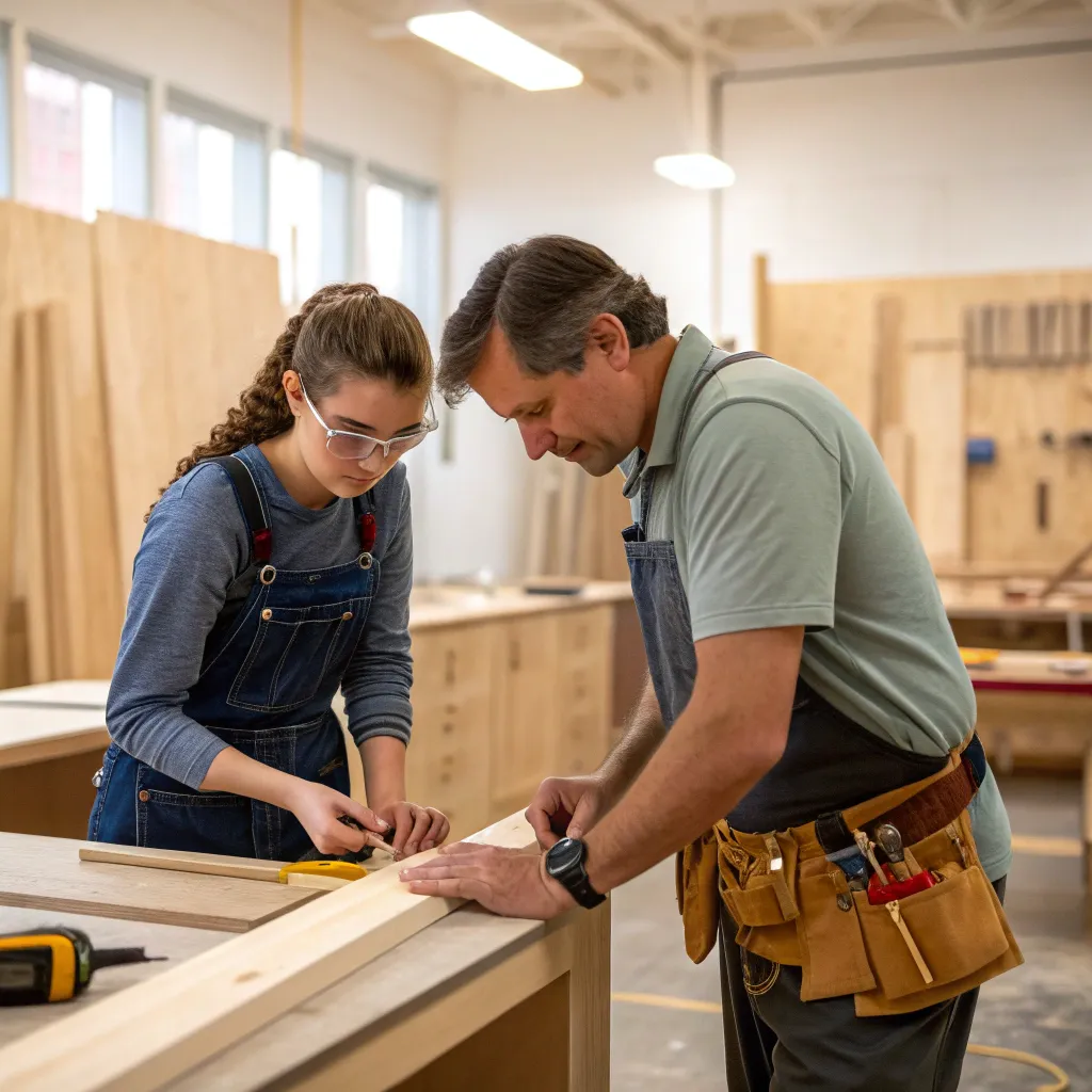 Instructor guiding student in cabinetry workshop