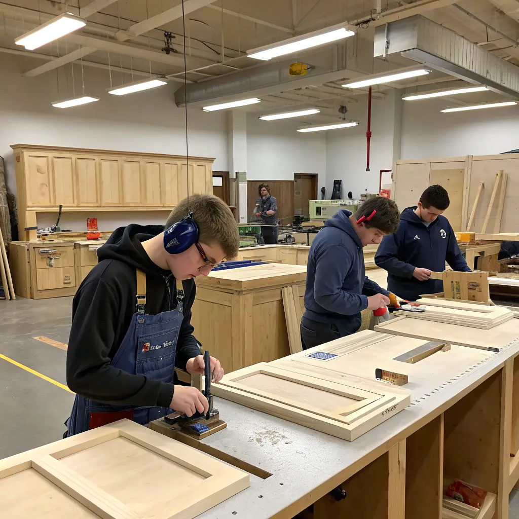 Students working on custom cabinetry projects